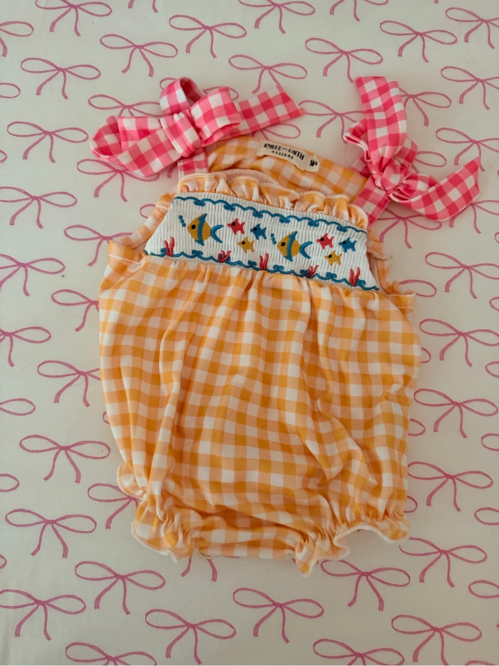 Smocked Fish Gingham Baby Romper with Pink Tie Straps